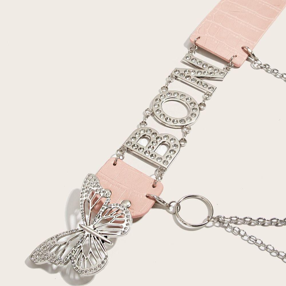 Y2K Rhinestone Belts PU Leather Waistband Simple Butterfly Waist Chain  Skirt Accessories