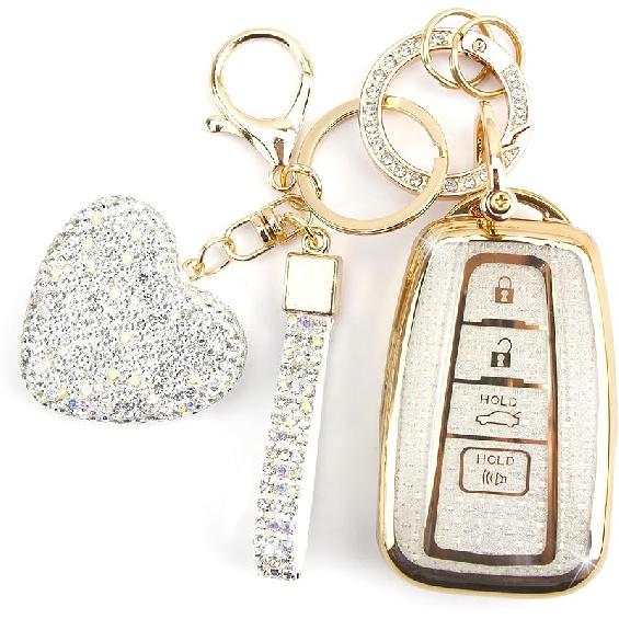 Key Fob Cover with Diamond Keychain Car Key Holder Compatible with Toyota 2018-2024 Highlander RAV4 Camry Avalon C-HR Corolla GT86 Smart Key