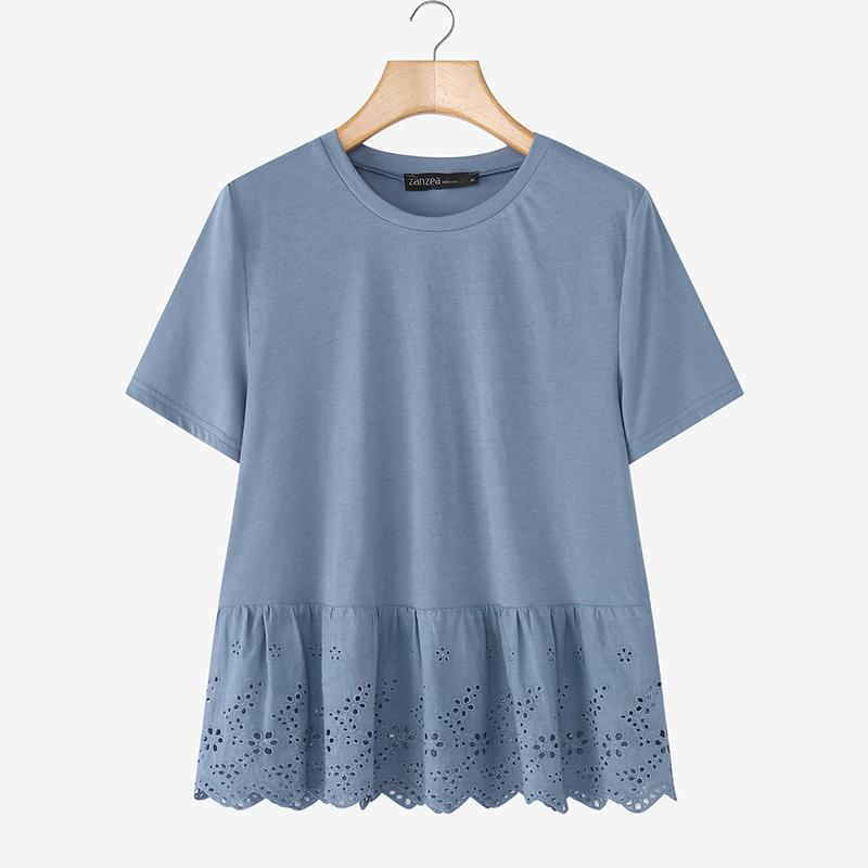 

ZANZEA Женская повседневная футболка с круглым вырезом, вязаная крючком, с коротким рукавом синий