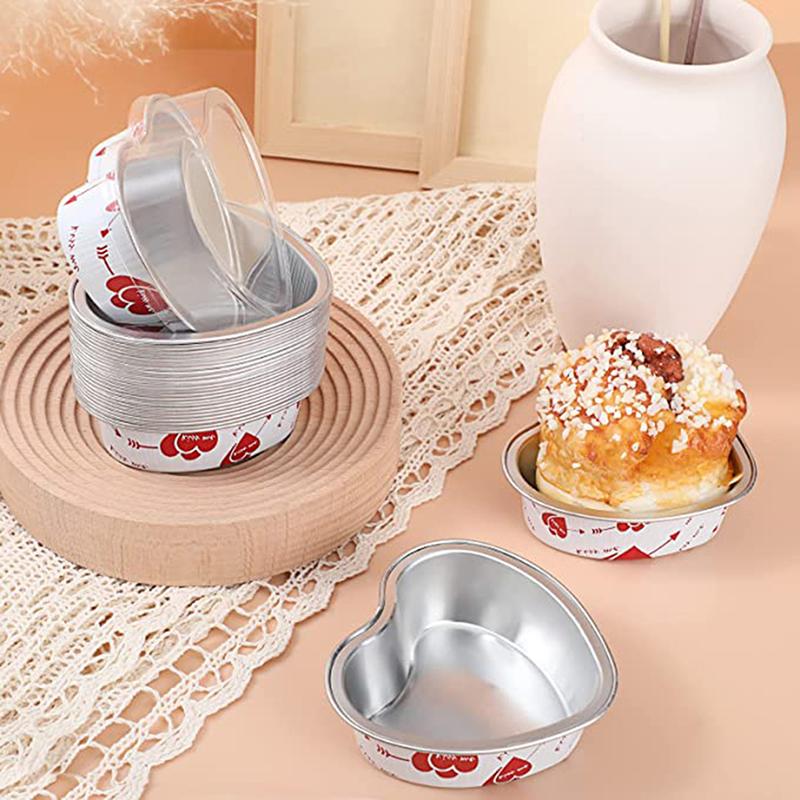 10Pcs/Set 100Ml Heart Shaped Aluminum Foil Cake Cup With Lids Baking Pans
