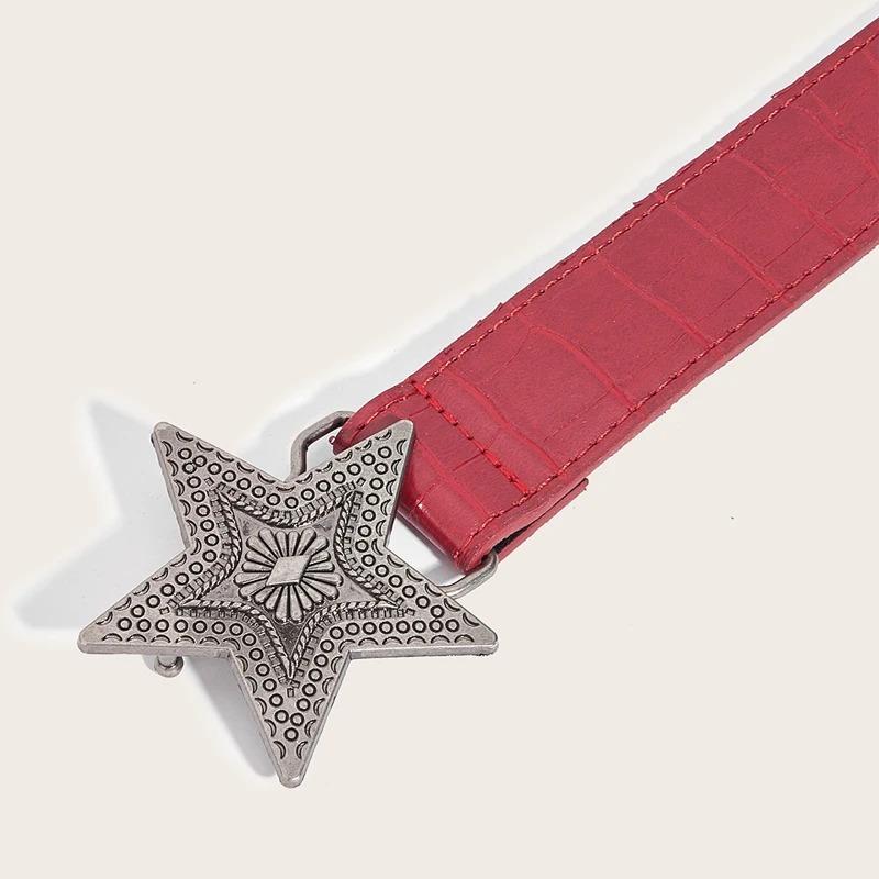 Width 3.3cm Hip-hop Retro Ladies Belt Gothic Punk Five-pointed Star Buckle Pu Leather Girdle Rock Y2k Popular Red Waistband