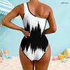 Women Plus Size One Shoulder One Piece Swimsuit Asymmetric Neck Black White Print