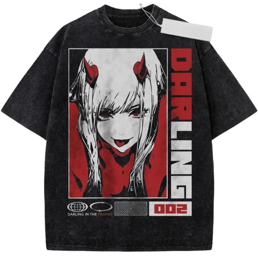 DARLING in the FRANXX Zero Two 002 Koszulka z grafiką Anime Vintage Spłowiała Czarna Bawełna Streetwearowa Koszulka