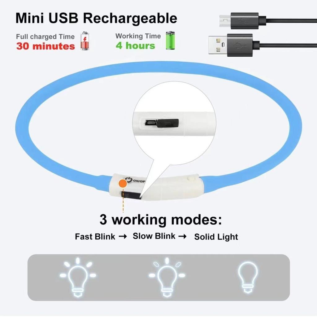 Silikonový LED obojek pro psa dobíjecí 3 pracovní režim Více lehčí Měkčí Max 70 cm Noční bezpečnostní blikající svítící obojek Anti Lost