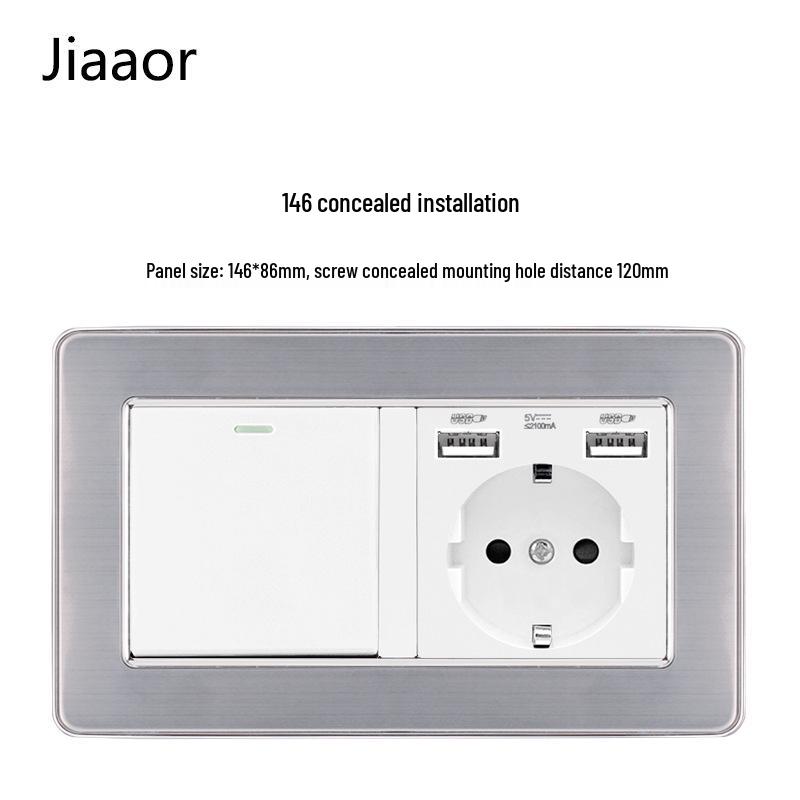 Padrão Europeu Tipo 86 Painel de Interruptor e Tomada de Parede Duplo em Aço Inoxidável com USB-C, Estilo Alemão, Montagem de Parede Embutida.