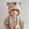 Cute Knitted Warm Baby Ear Protection Cap Christmas Elk Kids Winter Lacing Hat Outdoor Windproof Boys Girls Earmuff Beanie
