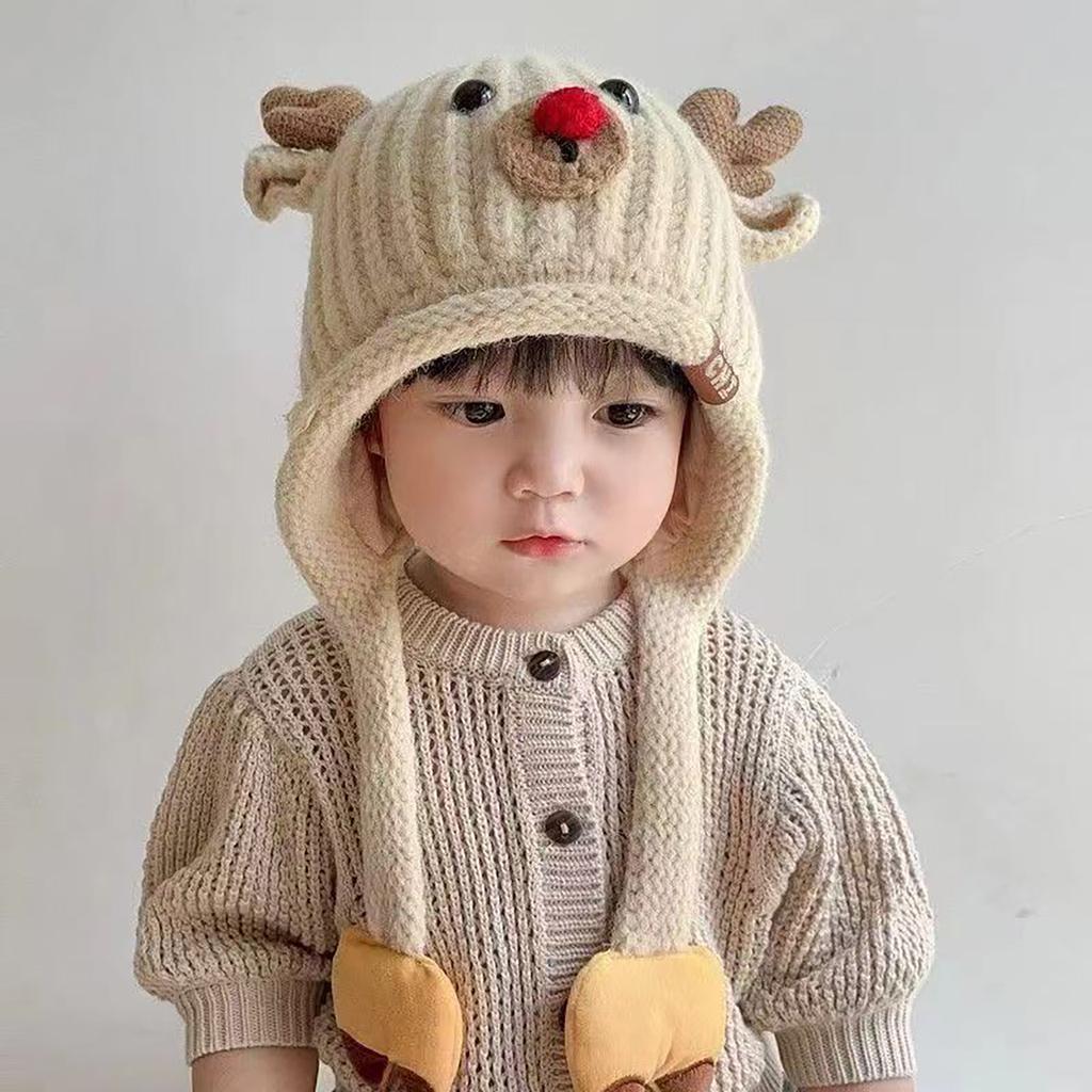 Cute Knitted Warm Baby Ear Protection Cap Christmas Elk Kids Winter Lacing Hat Outdoor Windproof Boys Girls Earmuff Beanie