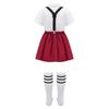 Girls Preppy Style Turndown Collar Bow Top Long or Short Sleeve Button Down with Elastic Waistband Overalls Skirt and Socks Outfit