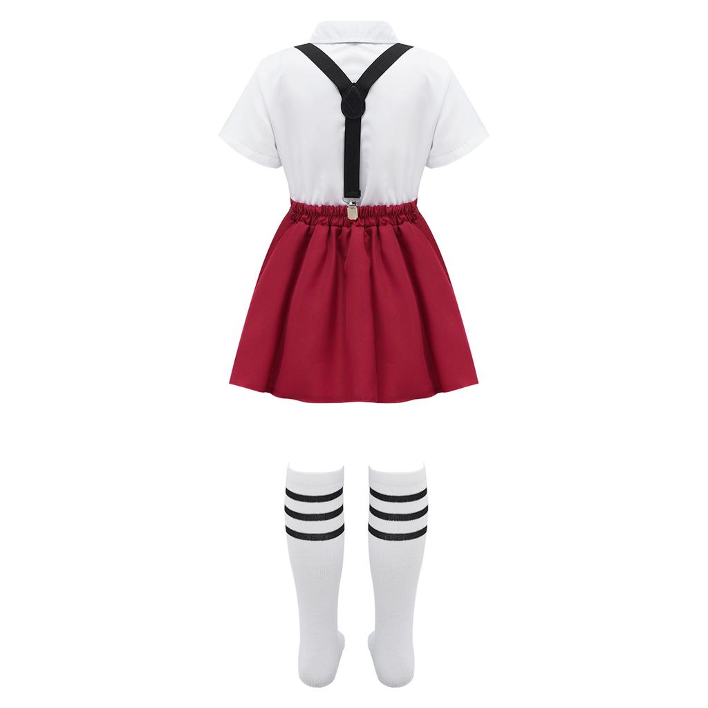 Girls Preppy Style Turndown Collar Bow Top Long or Short Sleeve Button Down with Elastic Waistband Overalls Skirt and Socks Outfit