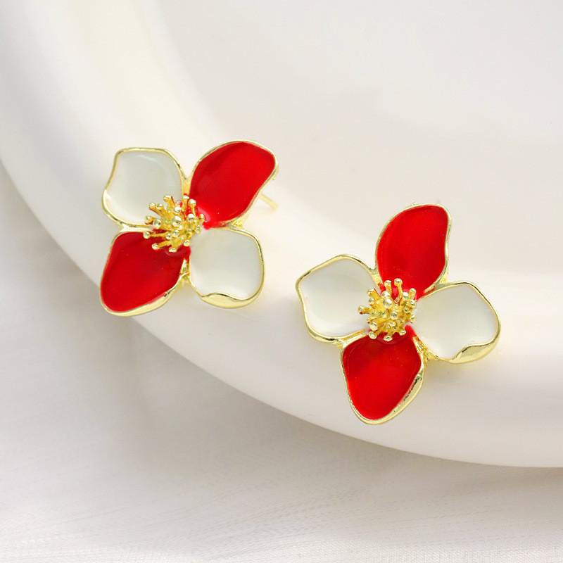 Pinkdudu Vintage Hibiscus Stud Earrings for Women Red Drop Glaze 3D Floral Earrings French Style Jewelry PD2323
