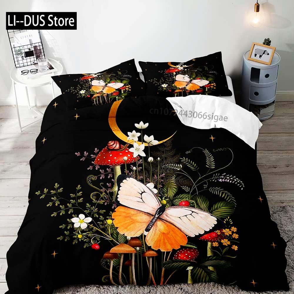 White Mushroom Bedding Set Duvet Cover Full Size Green Plant Botanical Comforter Quilt Cover 2 Pillow Shams for Women Girls