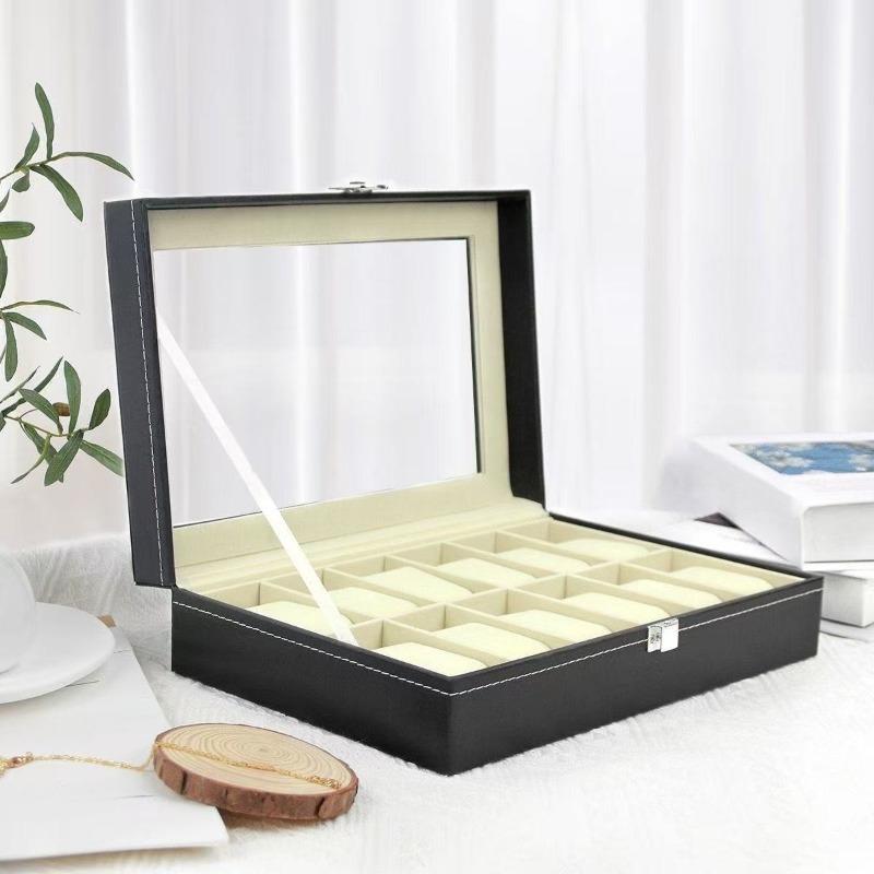 

LIUSHADUOLA 12-Compartment Watch Box with Display Lid | Thick Faux Leather, Removable Soft Padding, Large Capacity Storage