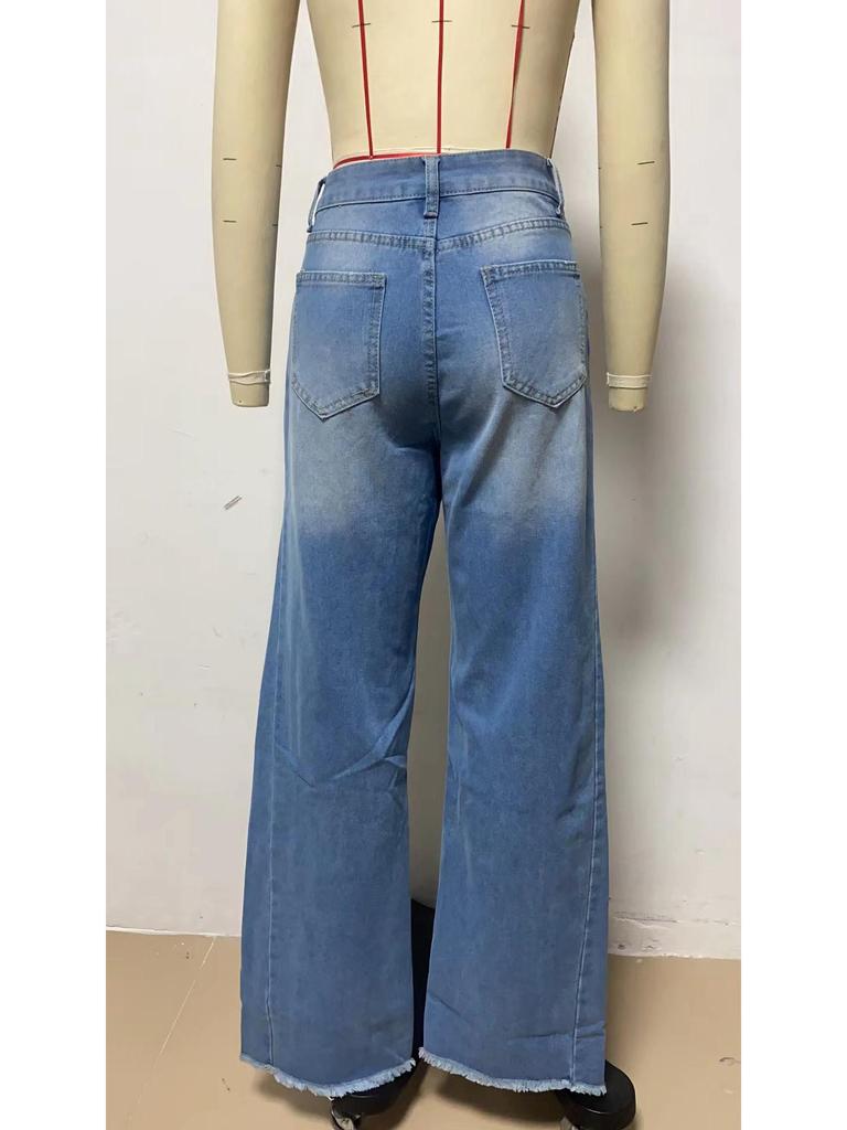 2023 Women's Loose Wide-Leg Patchwork Frayed Hem Jeans