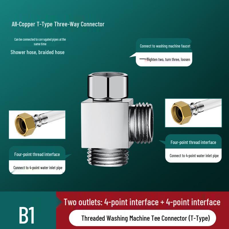 Washing Machine Water Inlet Splitter: Two-Way Copper Connector with Automatic Shut-Off Valve