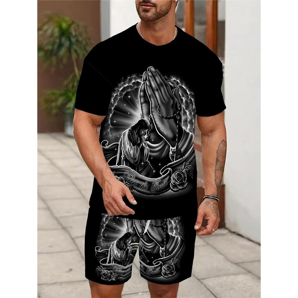 Summer Men's Personalized Two-piece Short-sleeved Cartoon Duck Print Drawstring Shorts Fashion Outdoor Large Size Sports Suit
