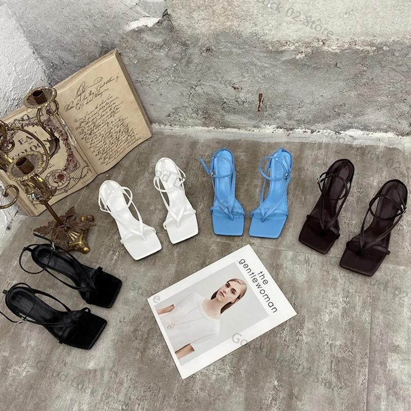 Fashion 2025 New Fashion Pinch Narrow Band Women Sandals 2025 Summer Square Open Toe Ankle Buckle Strap High Heels Ladies Shoes