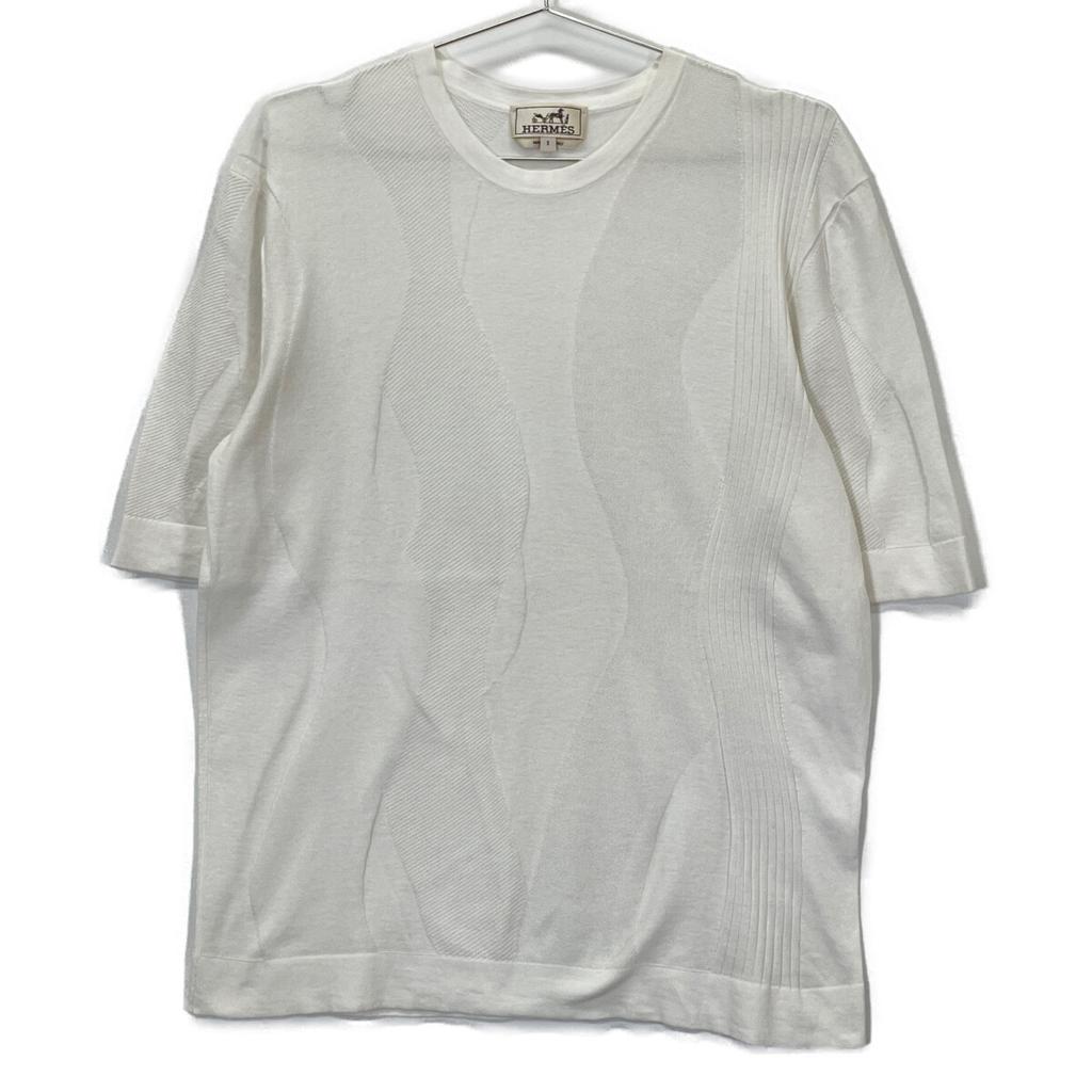 Hermes White Wave Embossed Half Sleeve Pullover Knit Tops S whiteUsed