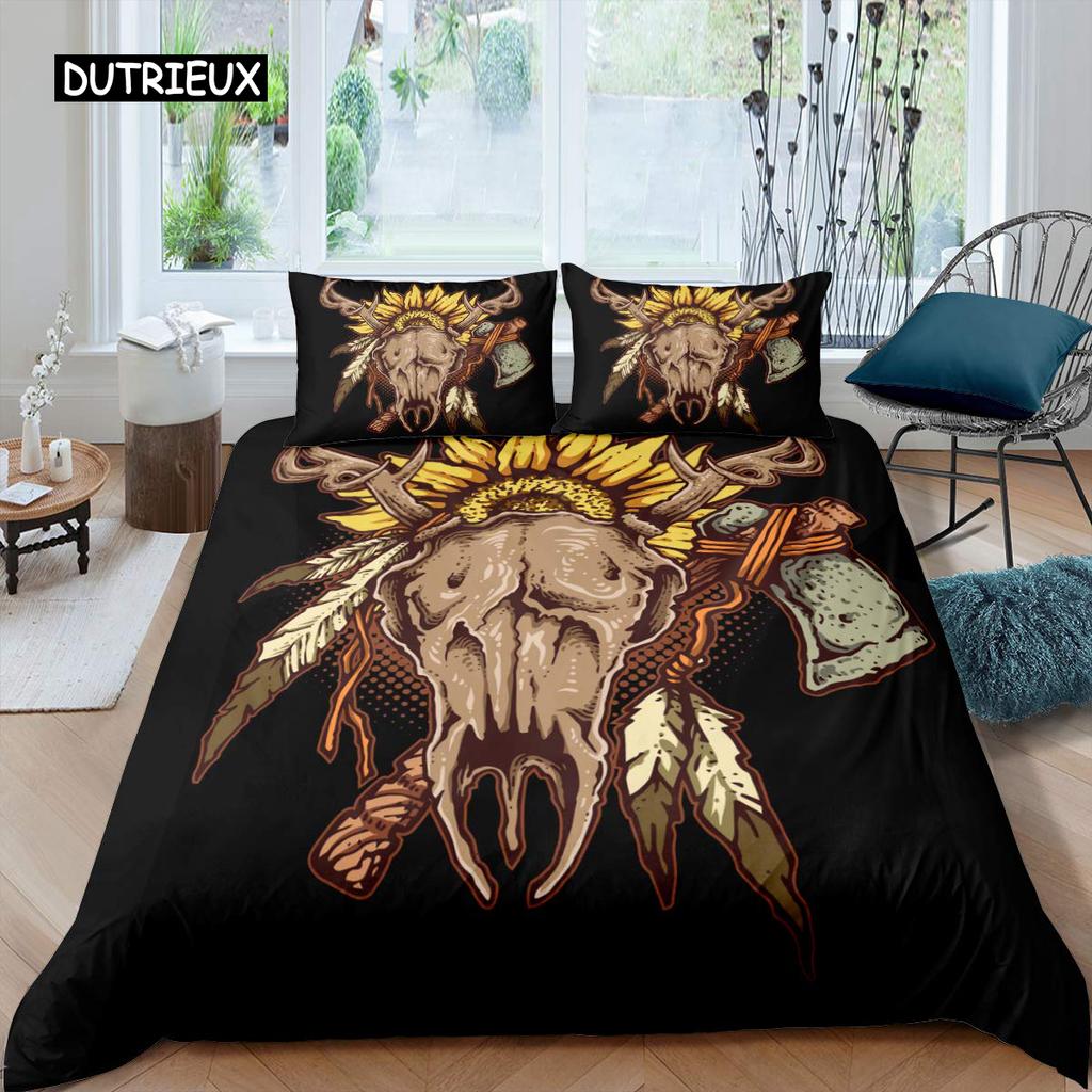 Cow Skull Bed Cover Queen Size Sunflower Cattle/Bull Skeleton Bed Linen Package Botanical Floral Leaves Boho Tribal Polyester Fabric Quilt Cover