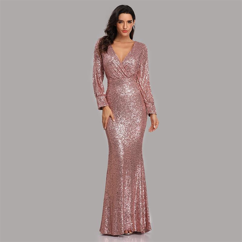 Übergröße V-Ausschnitt Pailletten Meerjungfrau Abendkleid - Mehrfarbig Langarm für Frühling & Herbst