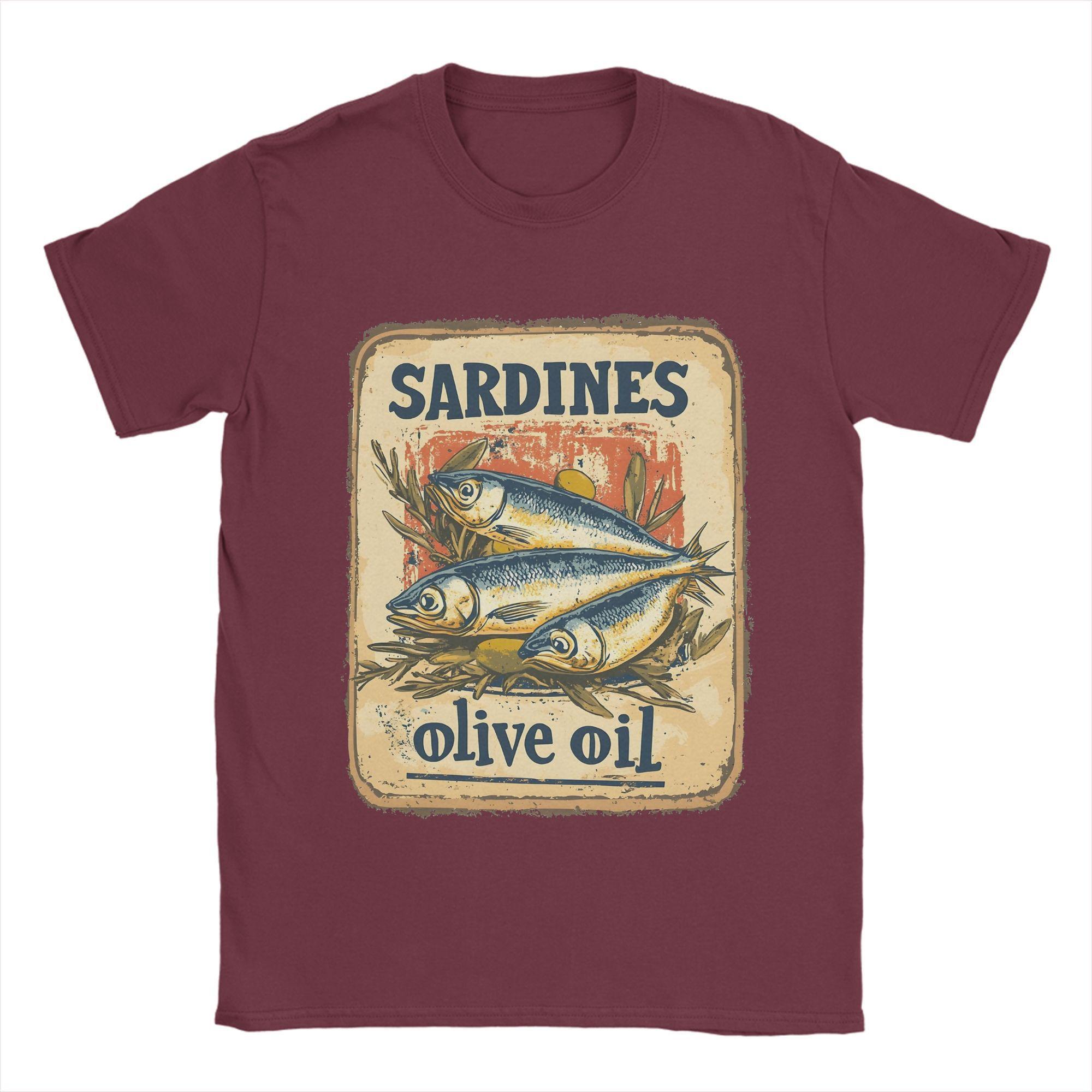 

Мужская футболка «Сардины в оливковом масле» Футболка Винтажный постер Одежда из чистого хлопка Повседневная футболка с коротким рукавом и круглым вырезом Футболка XXXXXL бордовый