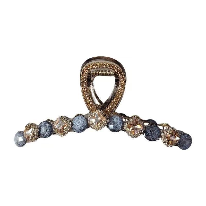 Elegant Large Blue Cat's Eye Beaded Claw Hair Clip for Updos