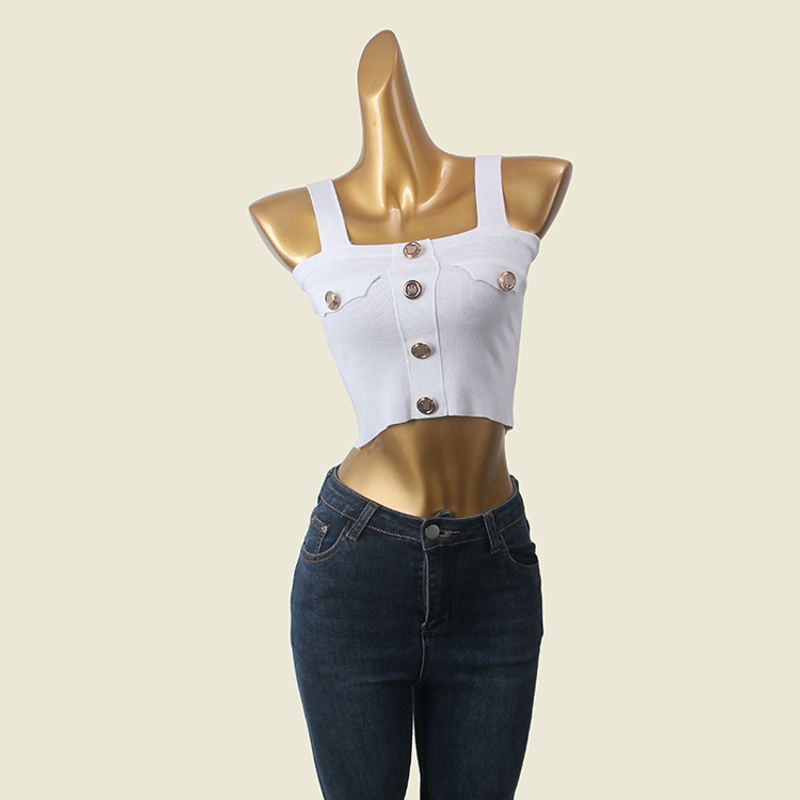 Bajia Metal Buckle Black Camisole Women's Summer Short Inner Wear Silm Sexy Knitting Tops