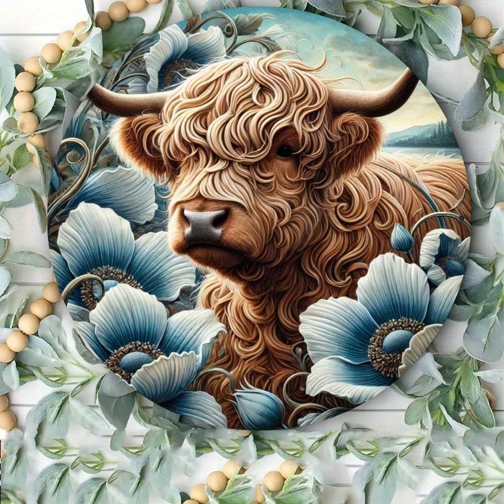 Metal Wall Art Poster Round Sign 8x8 inch Blue Flower Mountain Cattle Living Room Decor