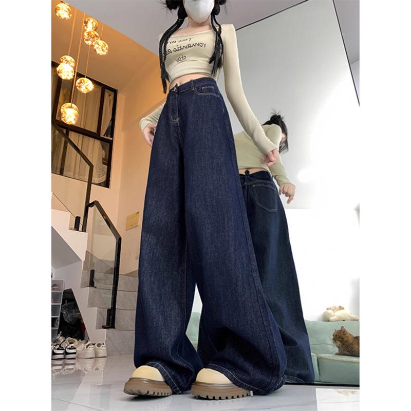 Dark Blue High-Waisted Flared Wide-Leg Jeans for Women - Retro Loose Straight Leg with Slimming Plus Velvet Draping for Spring and Autumn