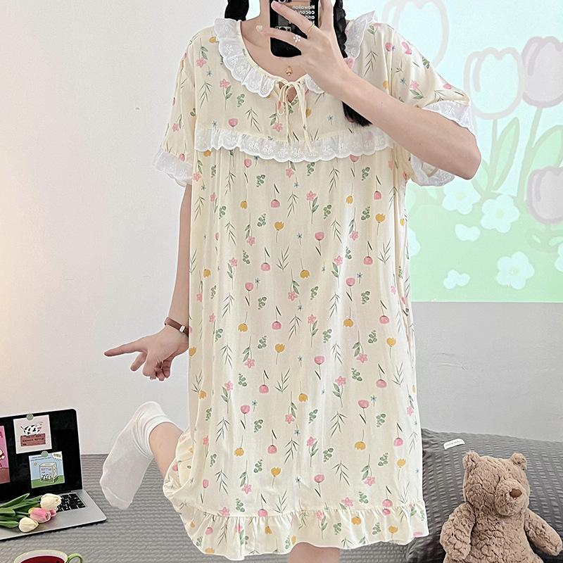 Cotton silk loungewear round neck printed short-sleeved nightdress women's summer thin dress girl student clothing artificial cotton pajamas