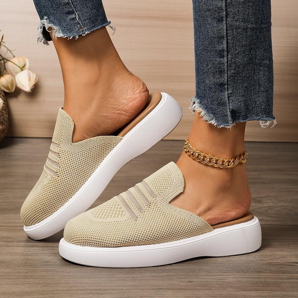 Foreign Trade New Summer Knitted Mesh Bag Head Thick-soled Slippers Women's Large Size Hollowed-out Muller Half-tray Lazy Shoes Wish