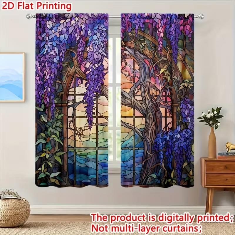 

Набор из 2 Цветных Оконных Штор с Рисунком Цветов Глицинии, Декоративный Подхват в Ретро-Стиле Стекла ко Дню Святого Валентина, Изготовлен из Полиэстера с Карманчиком для Штанги W100*H70(CM)-Grommet top&2PCS