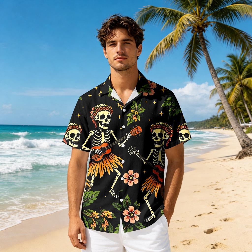 Men's Short Sleeve Casual Button Down Shirt Halloween Print Relaxed Fit Collared Shirt Lightweight Breathable Fabric
