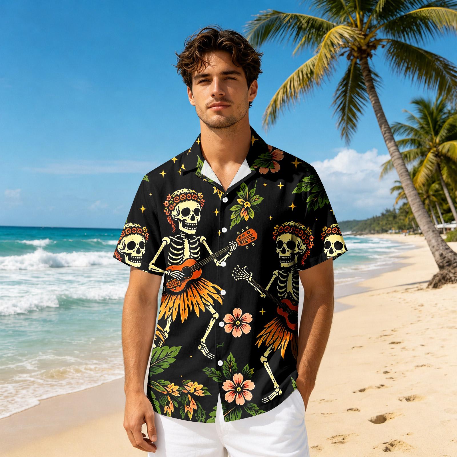 Men s Halloween Print Short Sleeve Collared Shirt for Casual Party Occasions L