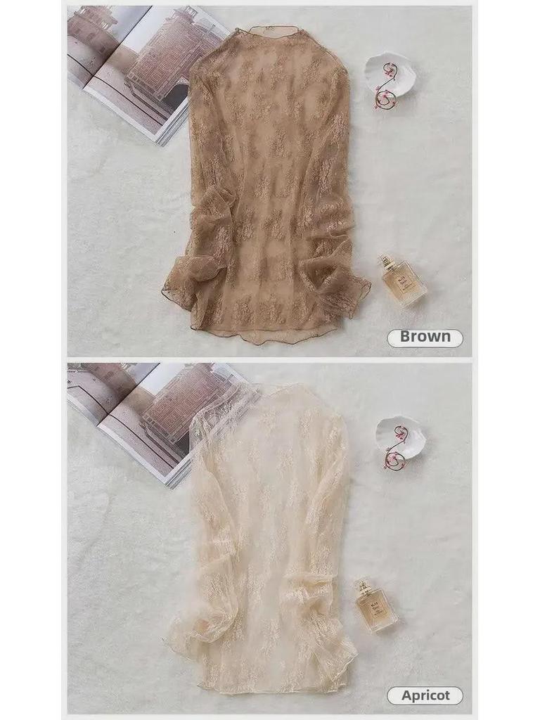 Four Seasons Lace Mesh Semi-High Neck See-Through Long Sleeve Korean-Style Blouse
