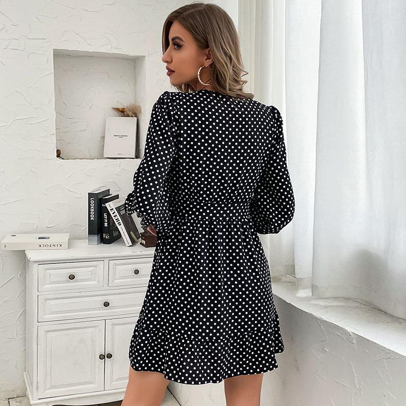 Temperament and Elegance Outer Wear Fashion Women's Polka Dot Long Sleeve V-Neck Black Bottom Dresses