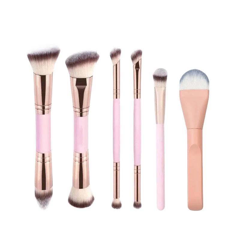 Dual-Head Makeup Brush Set: Foundation, Blush, Loose Powder Brushes In Coffee Color.