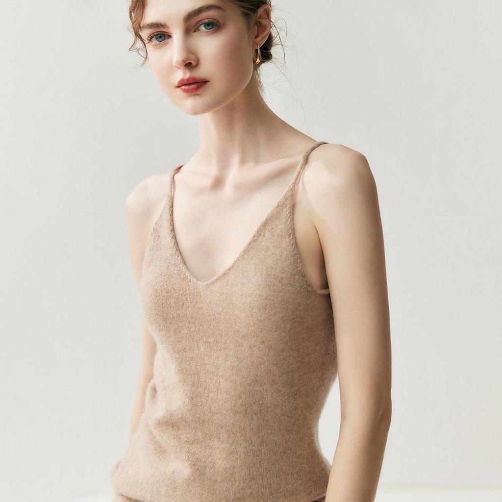 Versatile Women's V-Neck Cashmere Knit Camisole - Slim Fit, Thin Straps