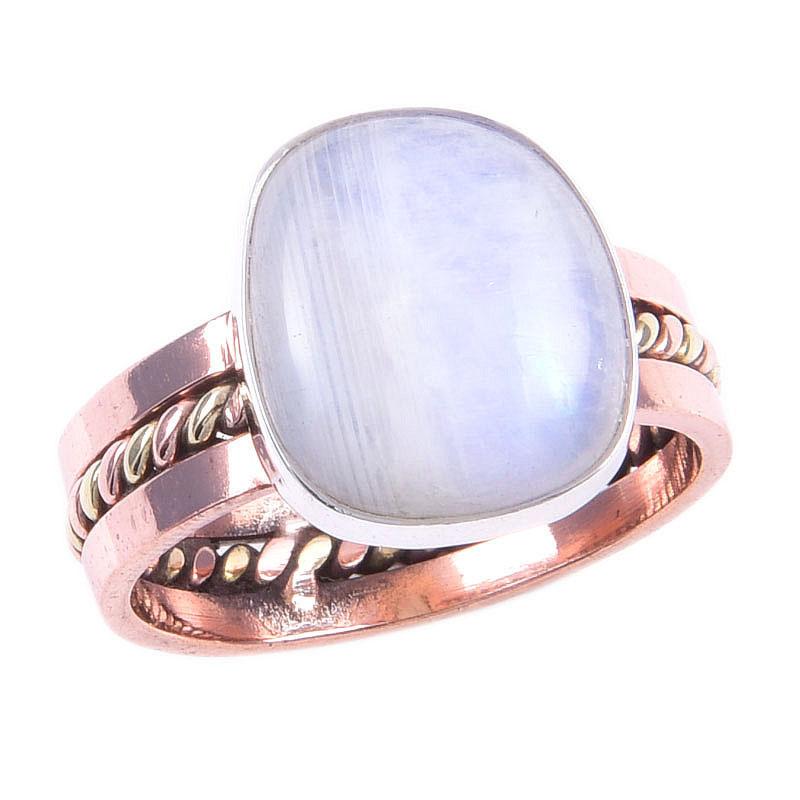 Pierre Gemme Pierre de Lune Arc-en-Ciel Naturelle Argent Sterling 925 Bicolore Bague Taille 9 T3Z21