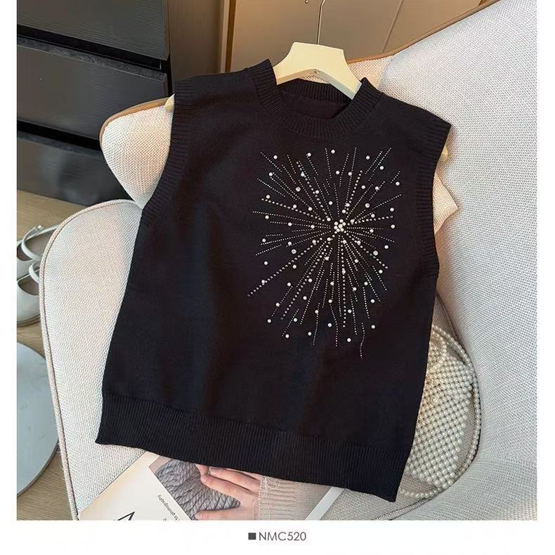 Summer Women Casual Sleeveless Solid Beading Knitted Sweater Pullover Vest Tops