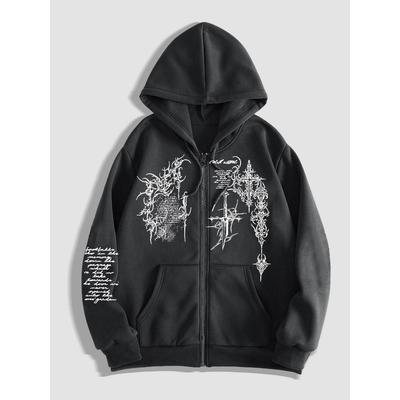 Dark Gothic Style Thorn Cross Print Hooded Sweatshirt Men's Y2K Zipper Cardigan Loose Jacket