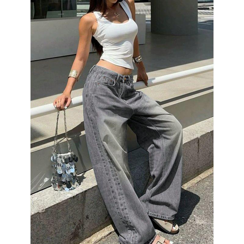 Retro Blue Washed Straight-leg Denim Female American Stylish Loose Easiest for Match Casual Wide-Leg Draggle-Tail Trousers