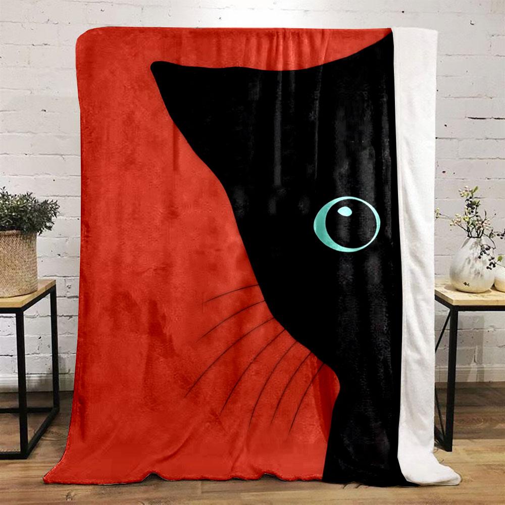 Black cat silhouette with teal eye and whiskers on a red background. for all seasons blanket lunch break throw gift