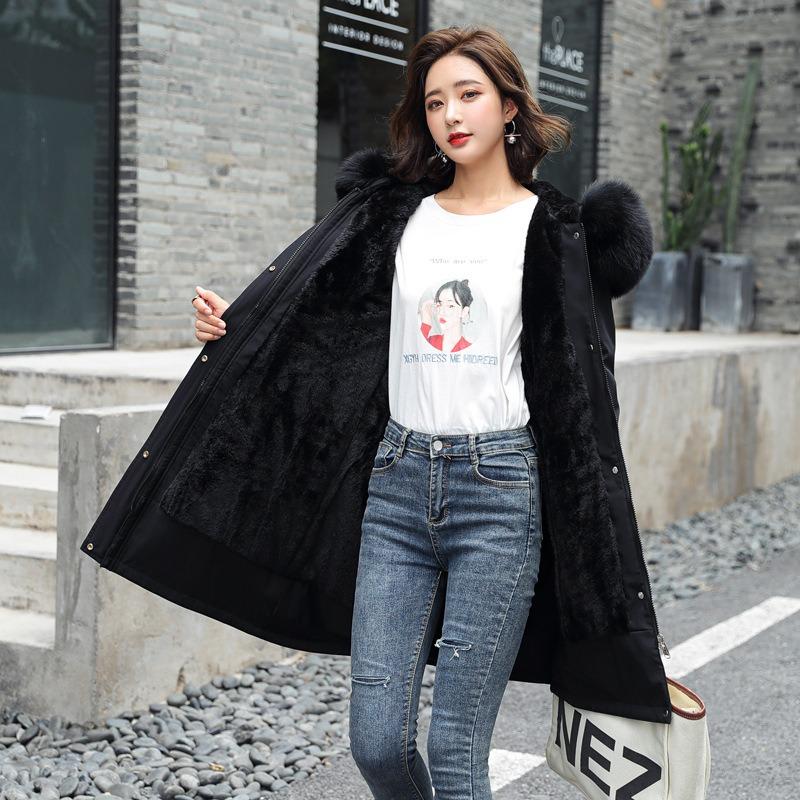 Parker Clothing Winter Women's Padded Jacket Mid-length Big Fur Collar Plus Velvet Padded Jacket Padded Jacket Thick Jacket
