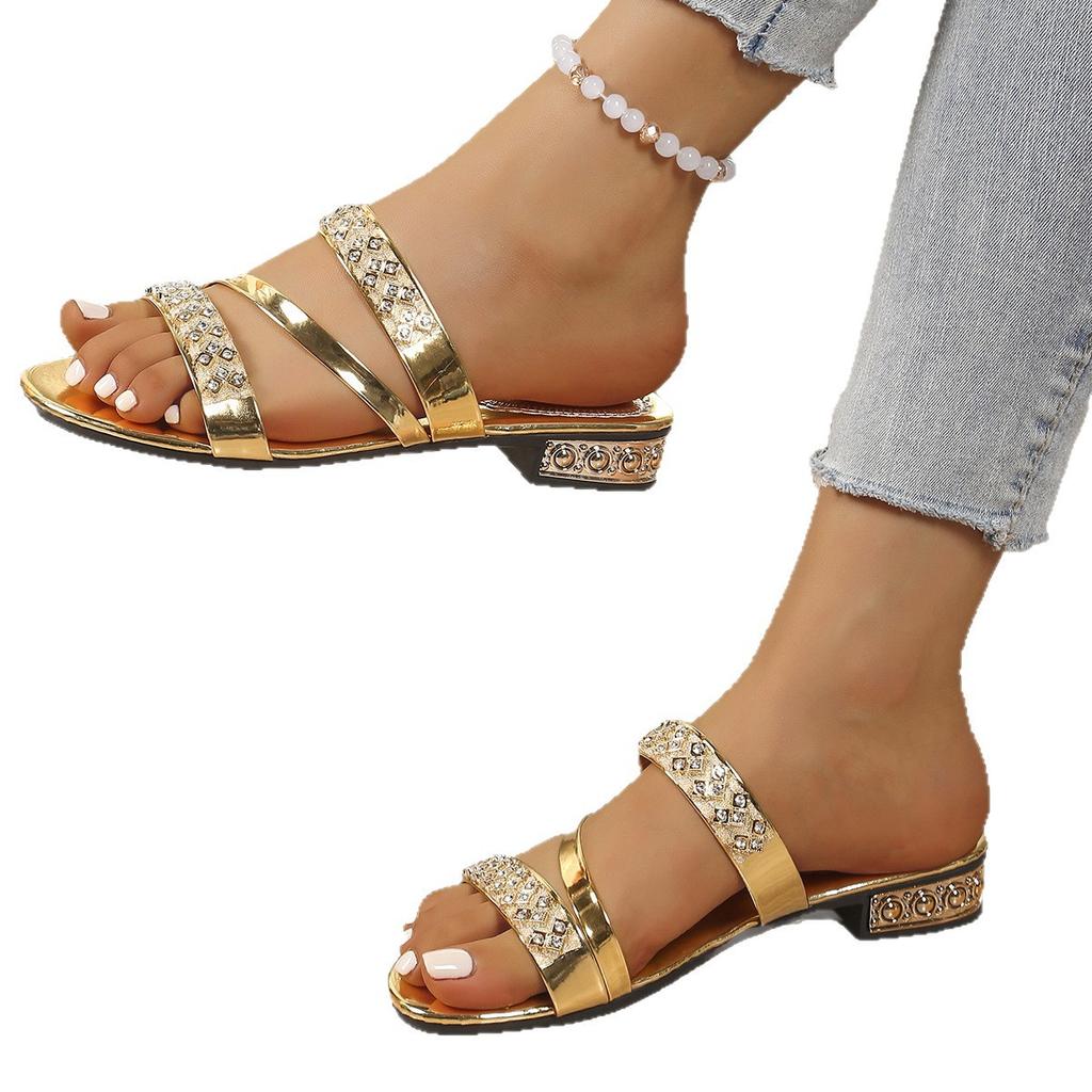 Rhinestone cool slippers women's spring new round head bottom with one word comfortable trendy cool slippers