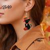 Whimsical Fall Theme Ear Hooks 1 Pair Halloween Black Cat Acrylic Earrings for Women, Cute Durable Vivid Print Pendant Jewelry with Wizard Hat