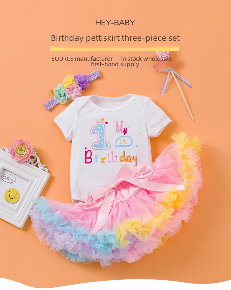 New Style Baby Girl Birthday Outfit: 3-Piece Set with Romper, Short-Sleeved Onesie, and Princess Dress.