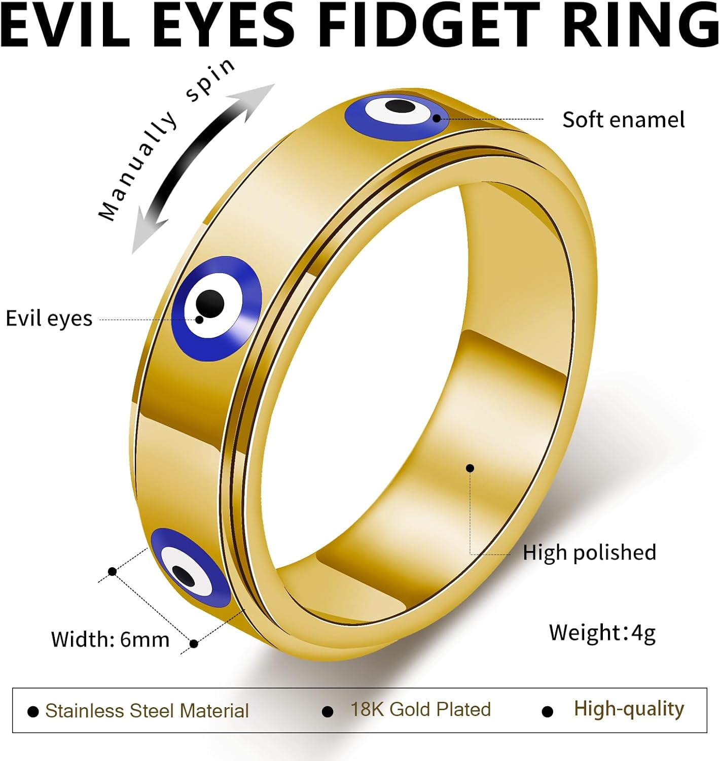 Böser Blick Angstringe für Damen Vergoldeter Edelstahl Spinner Fidget Ring Türkischer Glaube Schutzschmuck Glücks-Amulett 8 beige