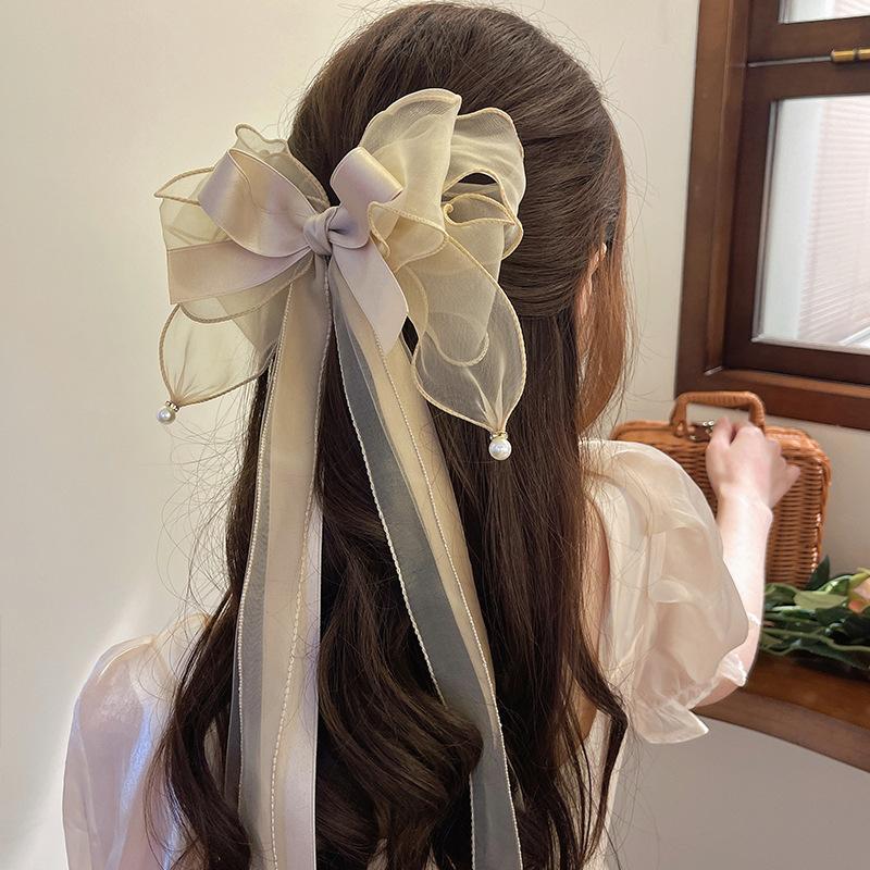 Korean Elegant Sweet Large Bow Hair Clip Women Ponytail Ribbon Temperament Premium Feeling Hairpin Party Headpieces