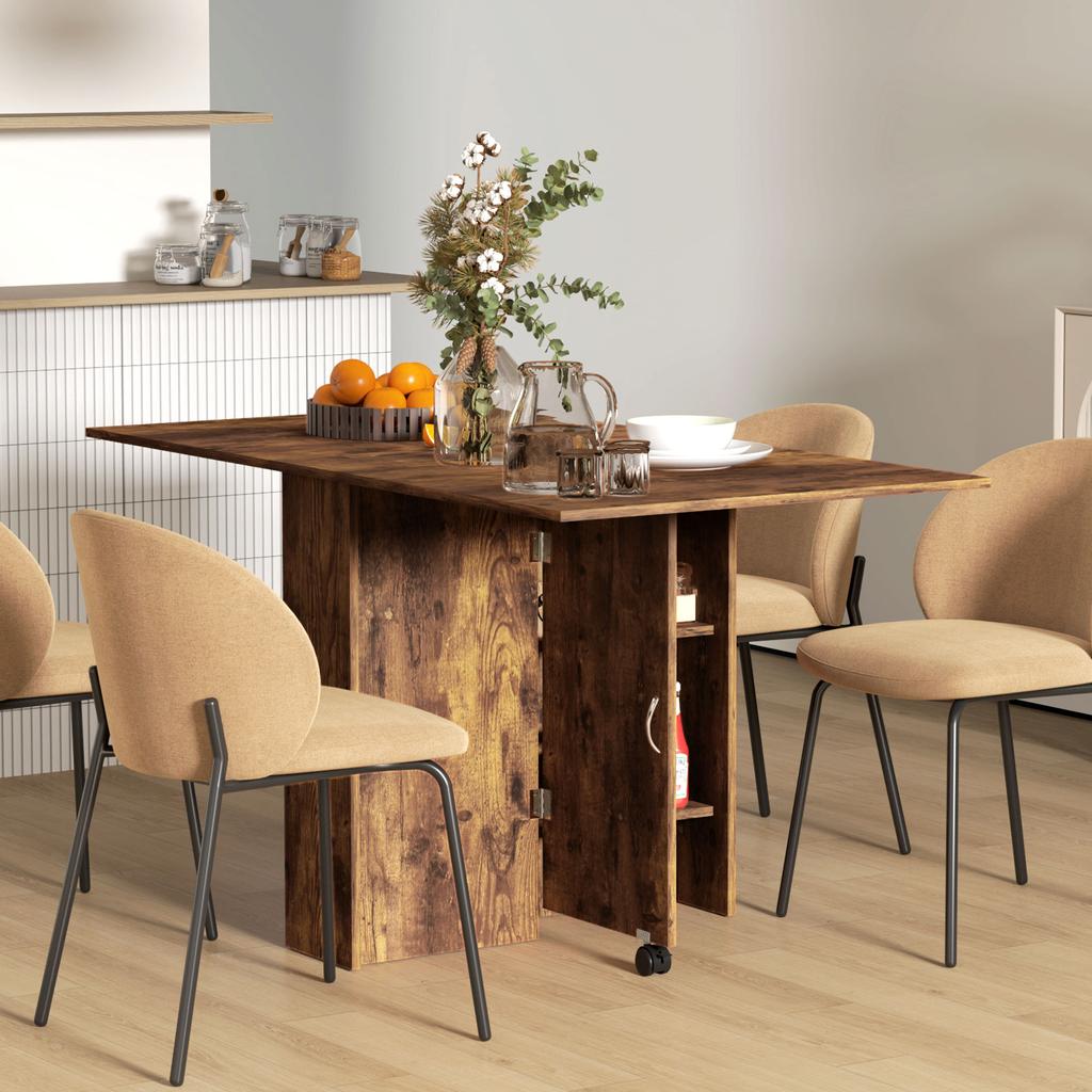 Folding Dining Table on Wheels, 2 Drop Leaves, 2 Shelves, 140 x 80 x 74 cm, Rustic Brown