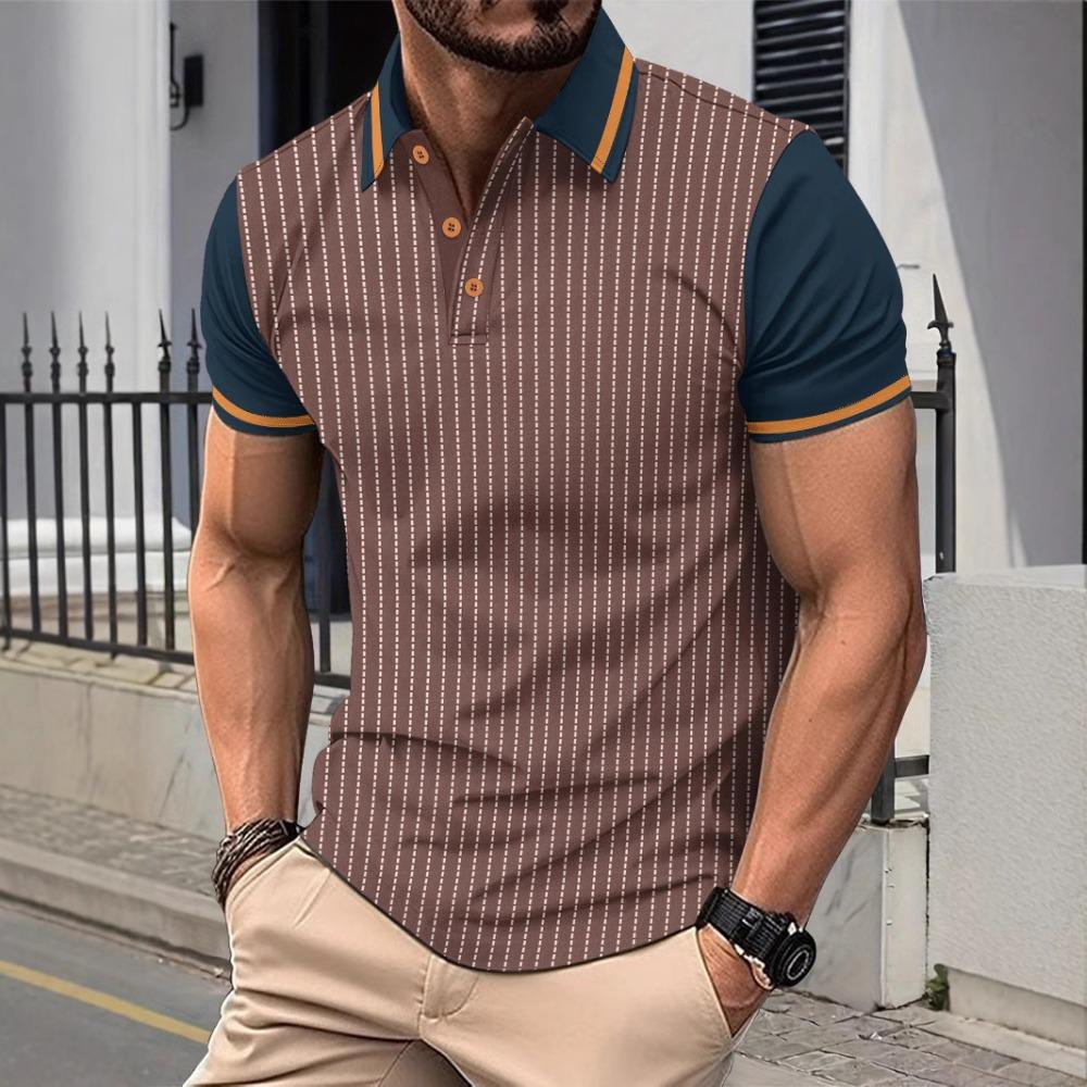 Summer New Men s Casual Polo Shirt Printed Striped Versatile T-shirt S